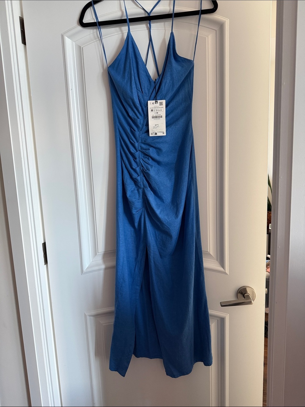 Zara cobalt blue ruched slip midi dress
